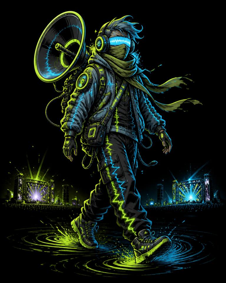 Frequency Hunter festival archetype character in UV festival body paint
