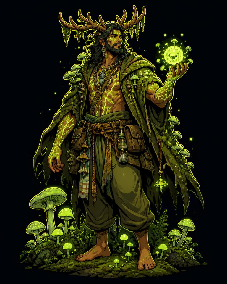 Neon Forest Oracle archetype character in UV festival body paint