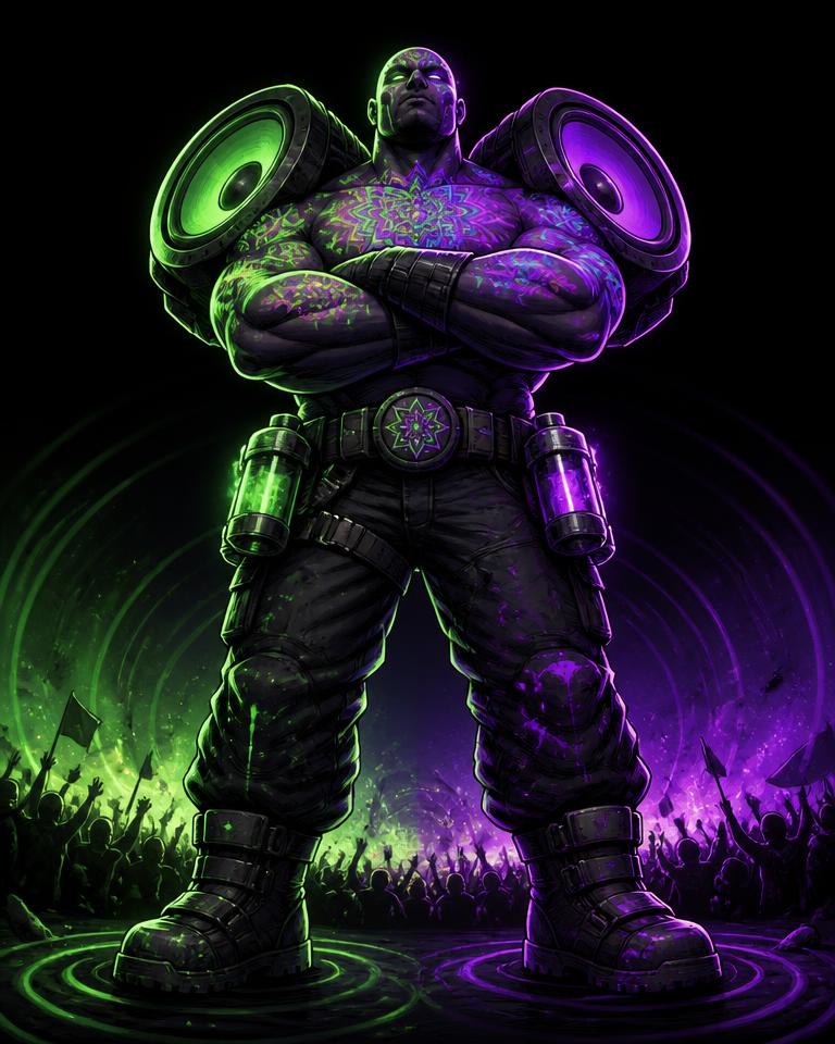 Rave Titan archetype character in UV festival body paint