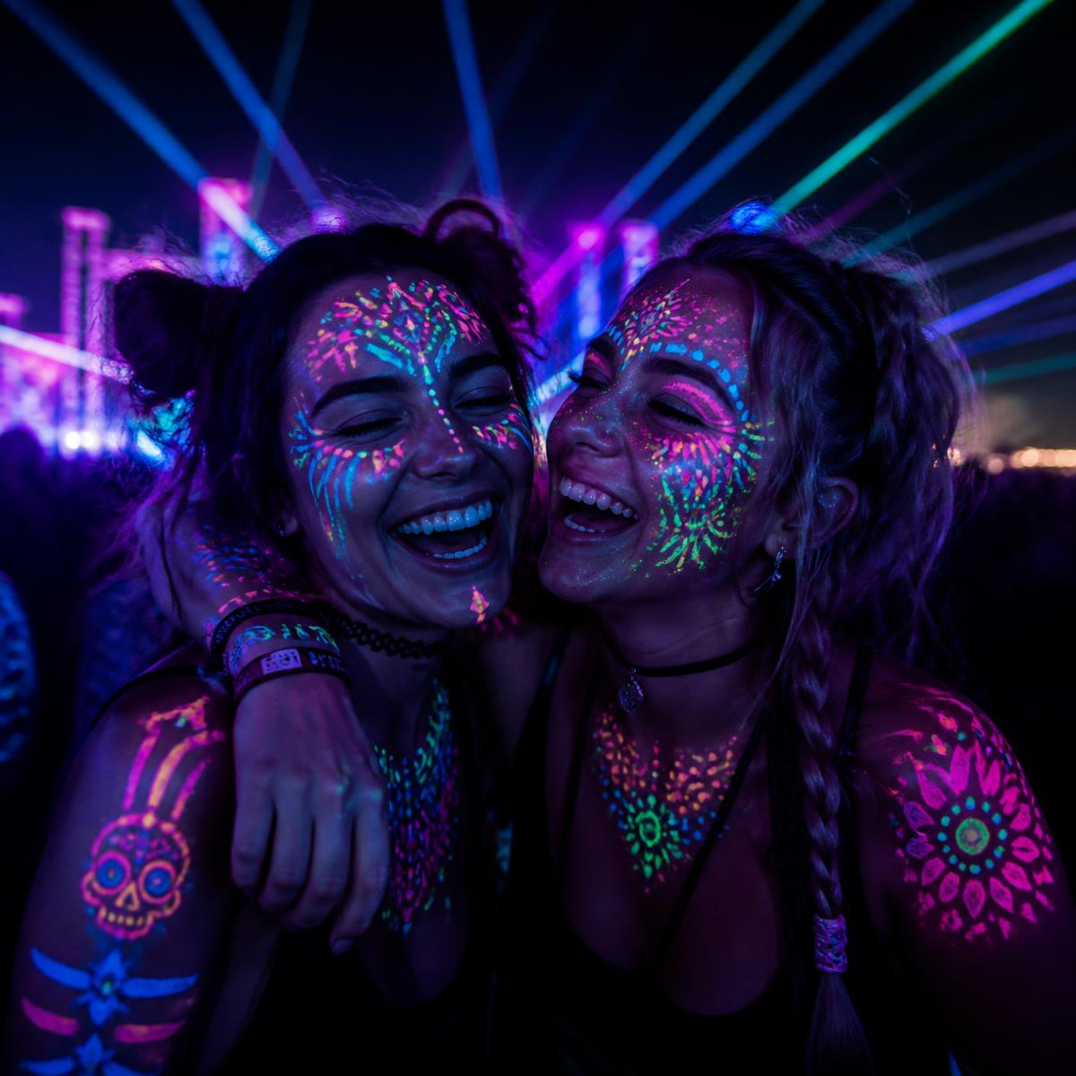 Friends at a festival wearing GlowForgeArt UV body art designs