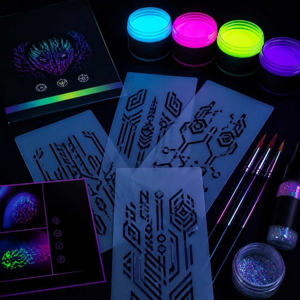 GlowForge stencil sheets, UV paint jars, brushes and glitter gel laid out on black