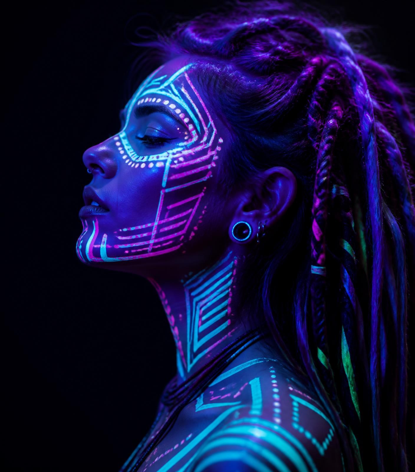 Festival goer with glowing cyan and magenta UV body paint under blacklight